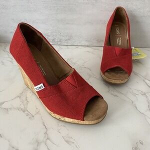 NWT TOMS Espadrilles Sz 6 Red Crosshatch Jacquard Wedge Heel Open Toe‎ Resort